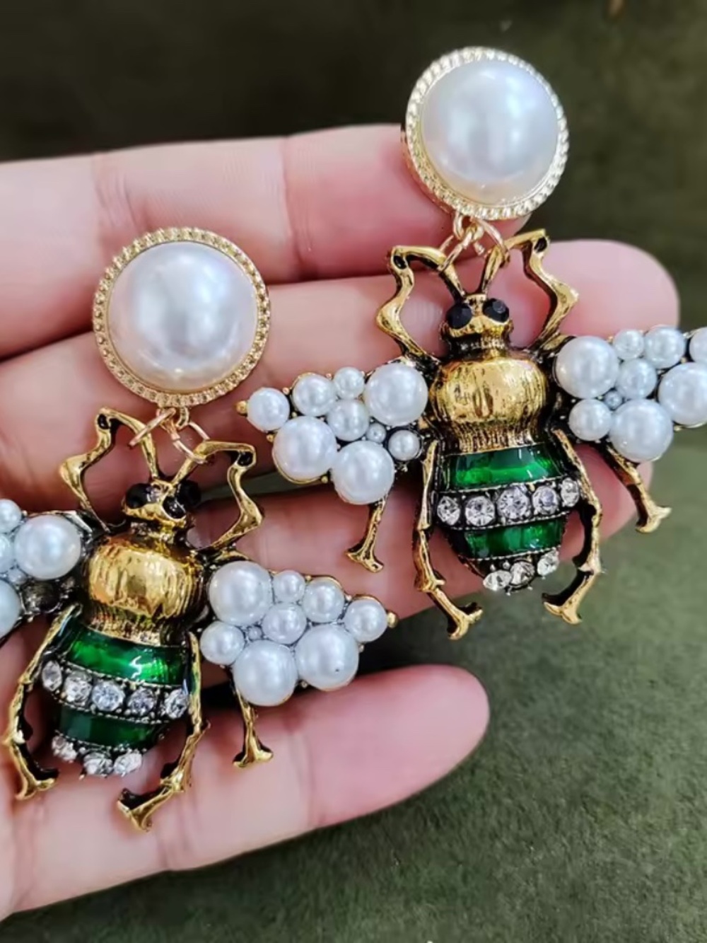 Gold Bee Earrings with Green Enamel and White Pearls - Picture 4 of 5